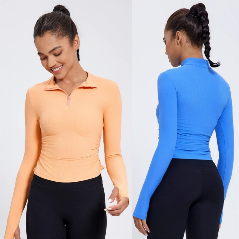Aoyema New High Strength Plus Size Quick Dry Half-open Zipper Yoga Women's Exercise Fitness Ribbed Tops Sportswear Long Sleeve