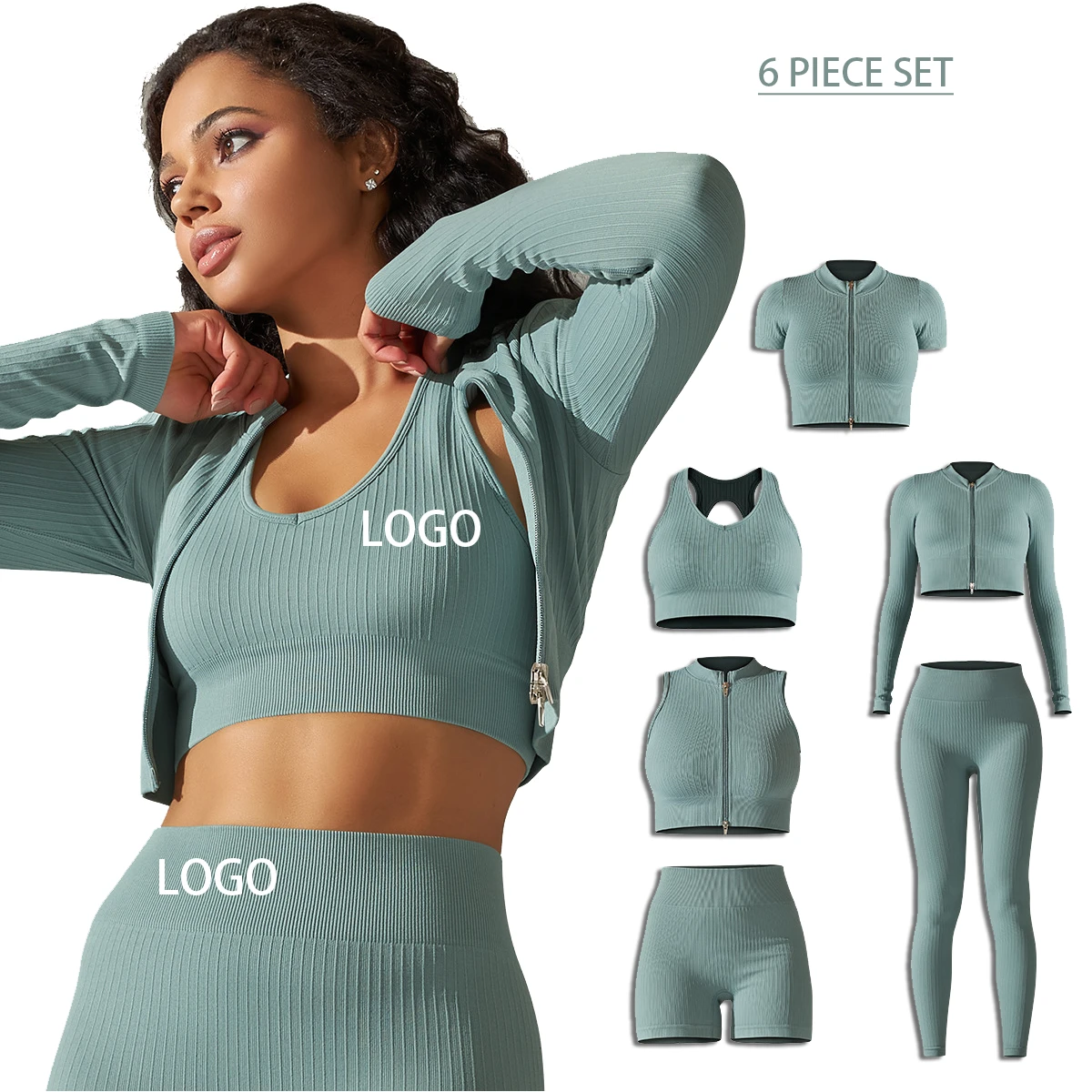 2024 Solid Color Running Sports Fitness Suit Six-piece Hip Lift Shape Seamless Zipper Yoga Suit for Women