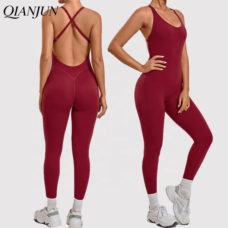 Women's Seamless Tight Full Length Yoga Jumpsuit Sexy Cross Backless High Elastic Solid Color One-piece Sports Bodysuit