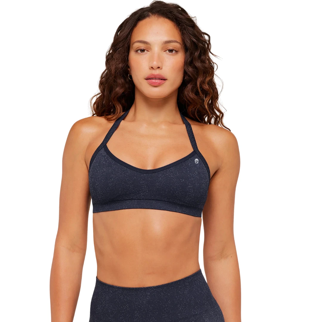 Custom Logo Women Navy Blue Halter Neck Sports Bra Nylon Spandex Marl Yoga Top Breathable Gym Fitness Workout Wear Athletic Bra