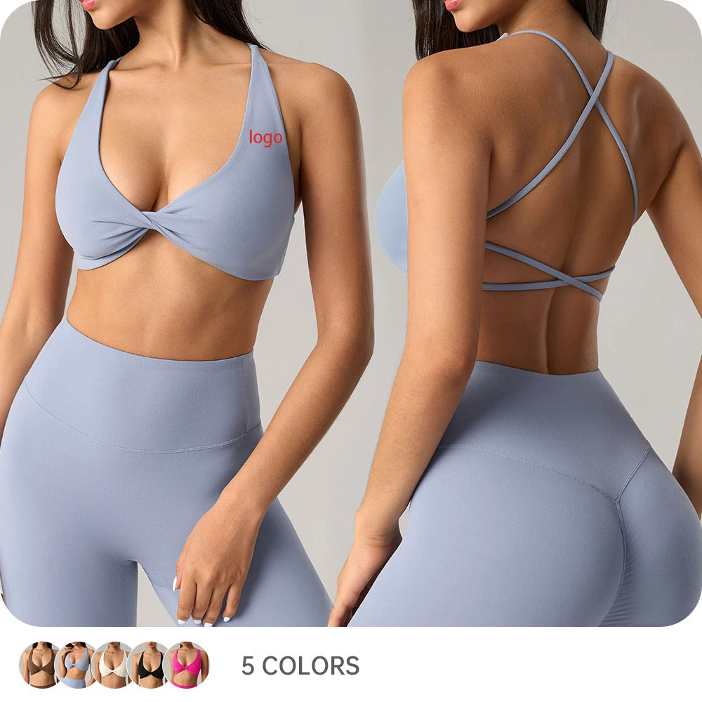 Sexy U Neck Padded Bra Cross Back Breathable Backless Bra Narrow Strap Sports Bra