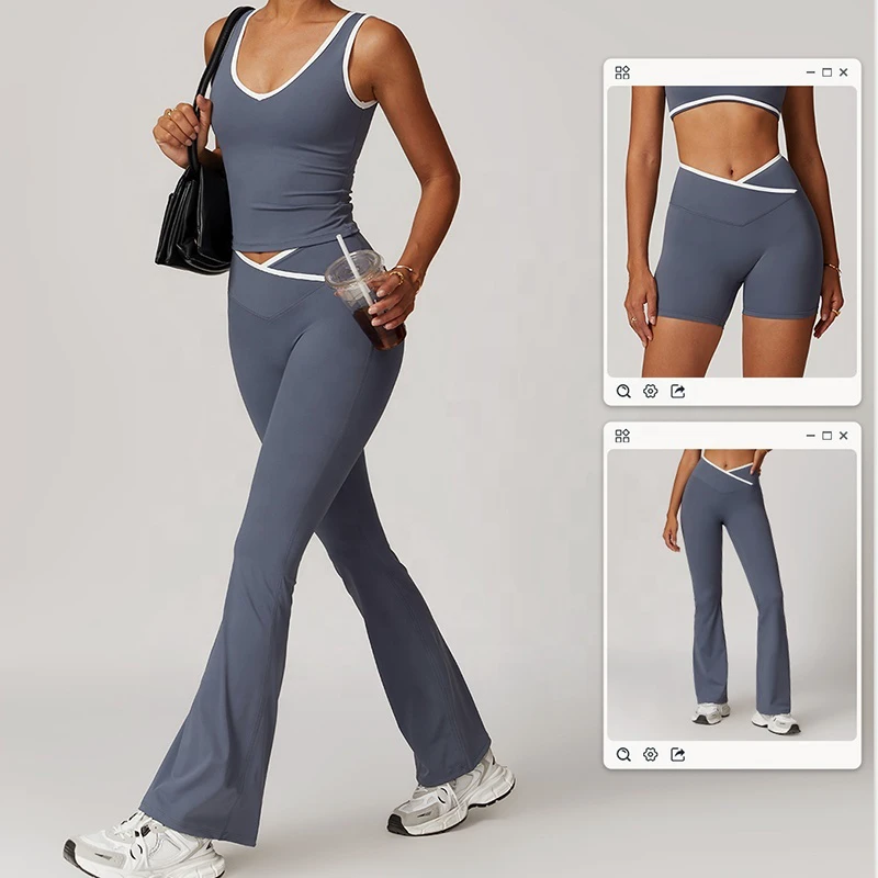 Women Contrast Color Yoga Set Breathable Gym Wear High Waist Leggings Crop Top Fitness Outfit Quick Dry Breathable Athletic Wear