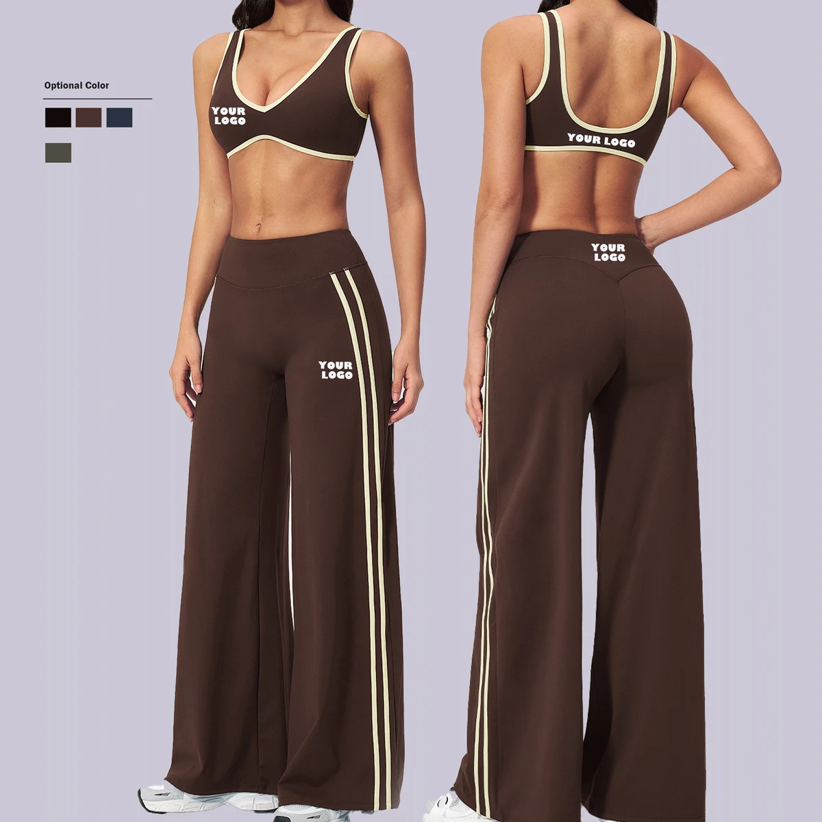 Women Yoga Activewear 2-Piece Set Backless Solid Gym Bra Elastic High Waist Butt Lifting Workout Wide Leg Pants Four-Way Stretch
