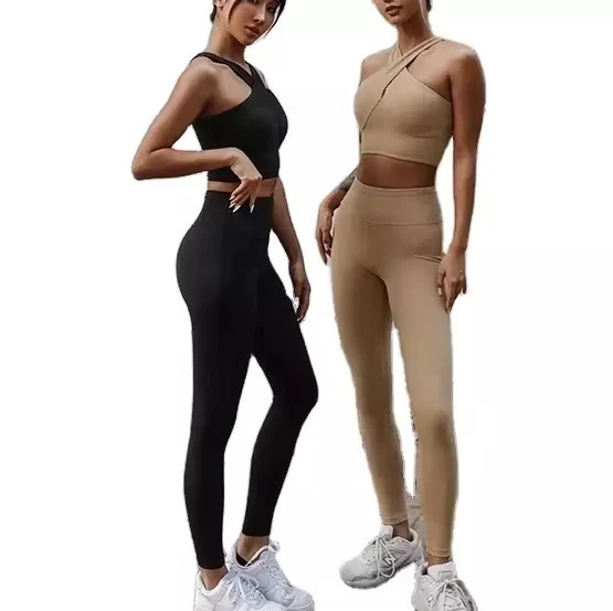 High Waist 2-Piece Yoga Set with Front Logo Customization Spandex/Nylon Material Solid Pattern Breathable for Women
