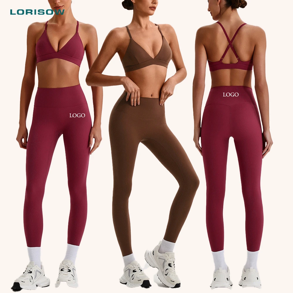 LORISOW v Neck Sports Bra High Waist Yoga Leggings-No Front Seam Sets Lightweight Soft Stretch Yoga Apparel Training Activewear
