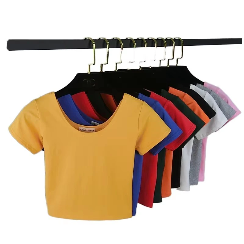 Wholesale Women Cap Sleeve Cute Jersey Crop Top Mujer Ladies Summer Round Neck Stretch Slim Fit Plain T-Shirt