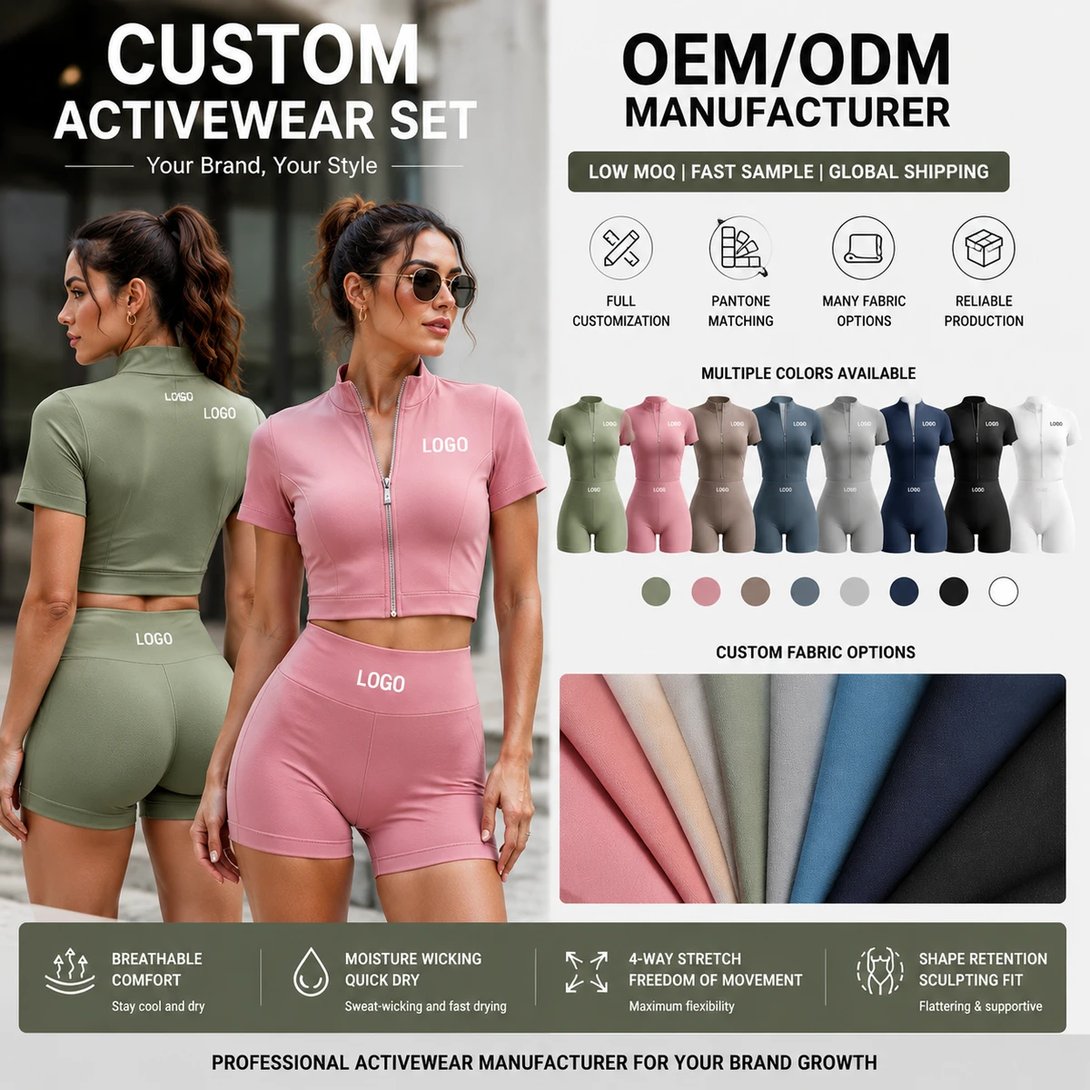 Yoga Gym Fitness Activewear Set Women Casual Jacket High Waist Shorts Breathable Stretch Custom OEM/ODM Moisture Wicking Summer