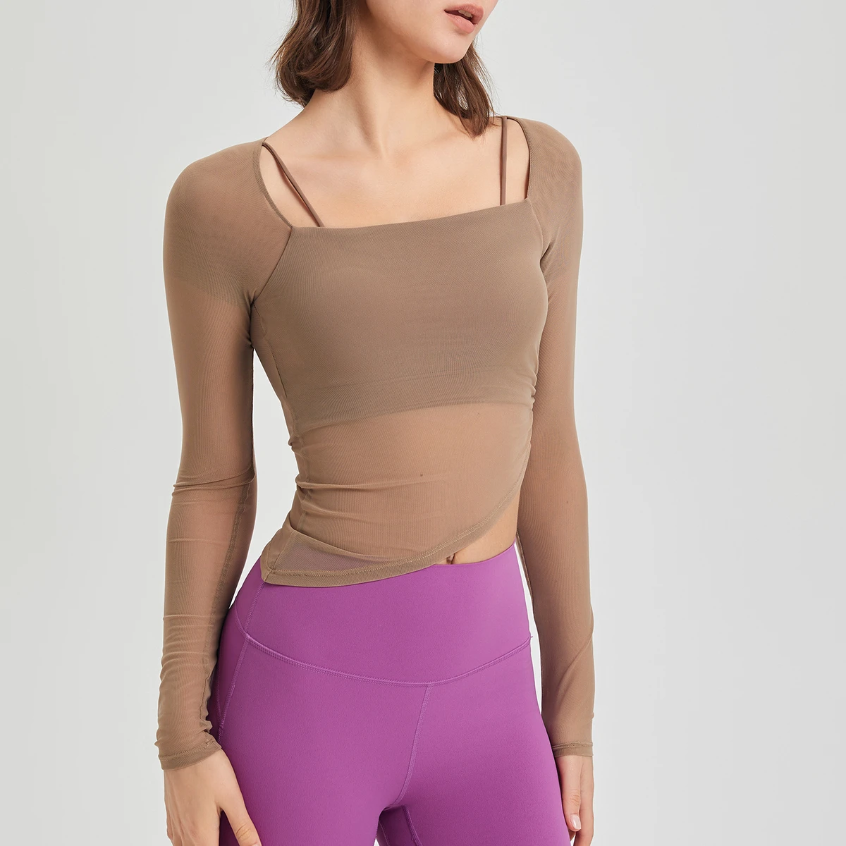 Women's Imi Two Piece Mesh Long Sleeve Yoga Top with Fixed Cup Jellyfish Yarn Sports Bra