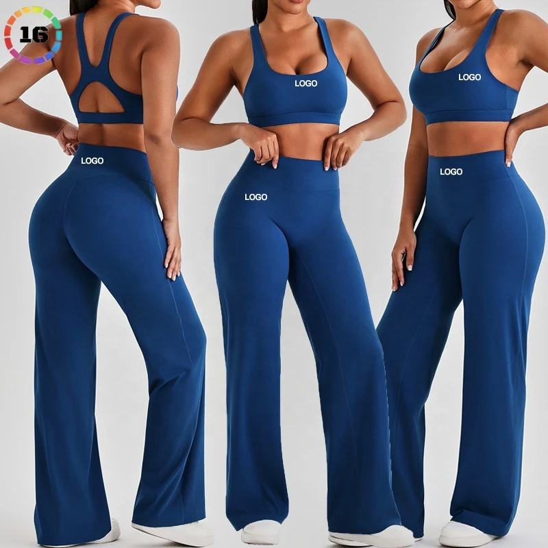 Women's Wide Leg Sports Suit Solid Hollow Back Padded Sports Bra & High Waist Yoga Flare Pants Activewear Set for Gym Fitness