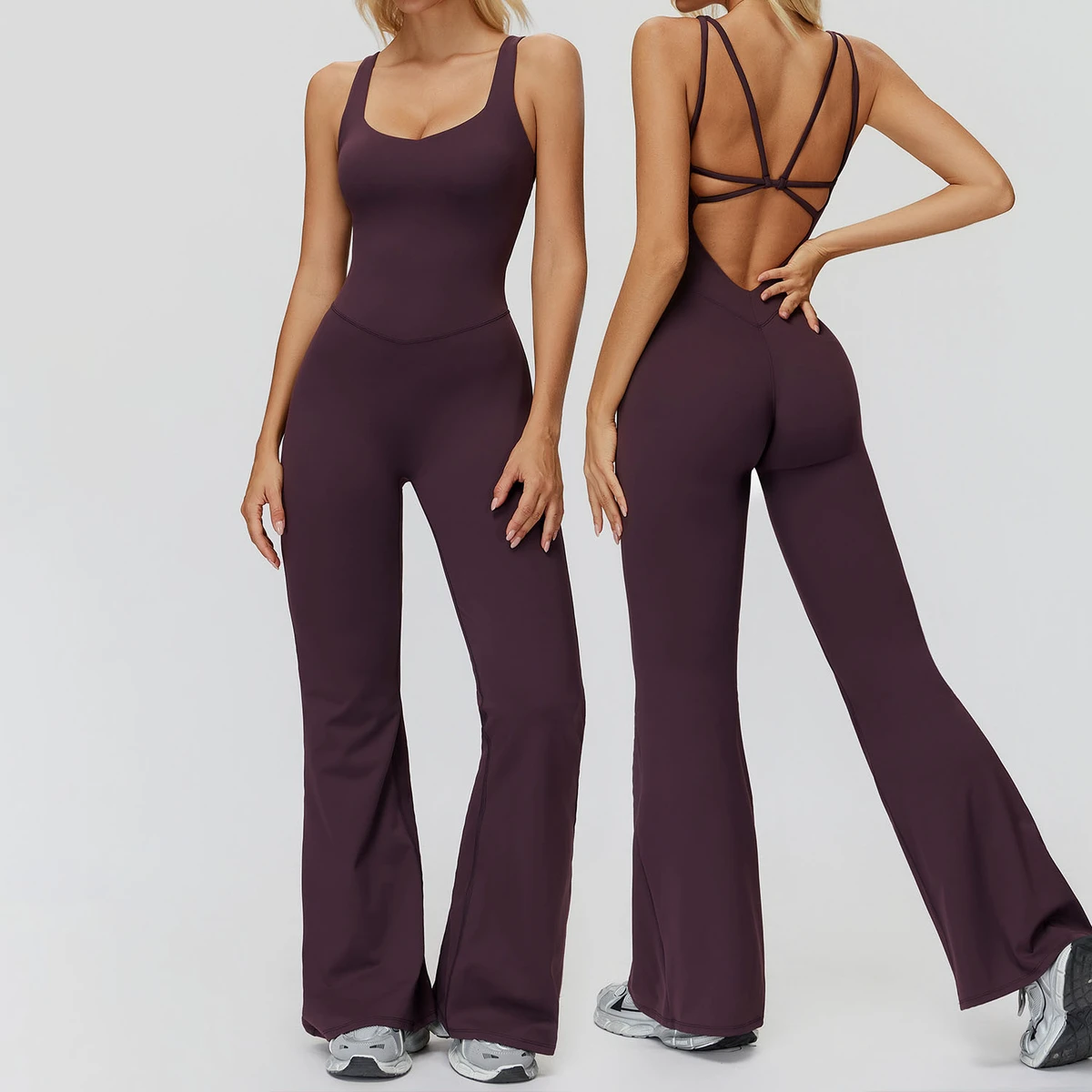 Women's High Quality Sanding Yoga Suit Cross Back Micro Wide Leg Bodysuit Running Sports Fitness Suit