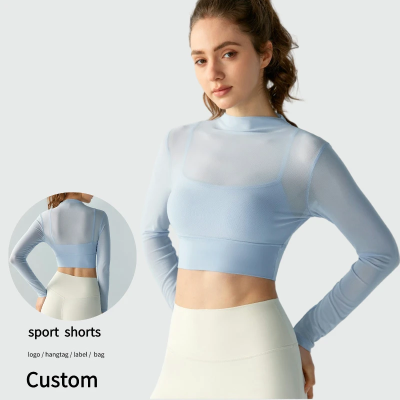 Wholesale Sexy See Through Mesh TShirt Built in Bra Long Sleeve Gym Top Active Sports Clothes Custom Women Yoga Sport T Shirt