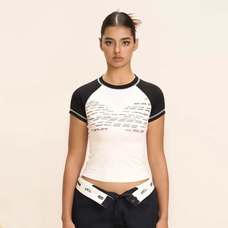 Ringer Cropped Tee Shirt With Contrast Stitching Round Neck Sports T Shirt Womens Breathable Yoga Crop Top