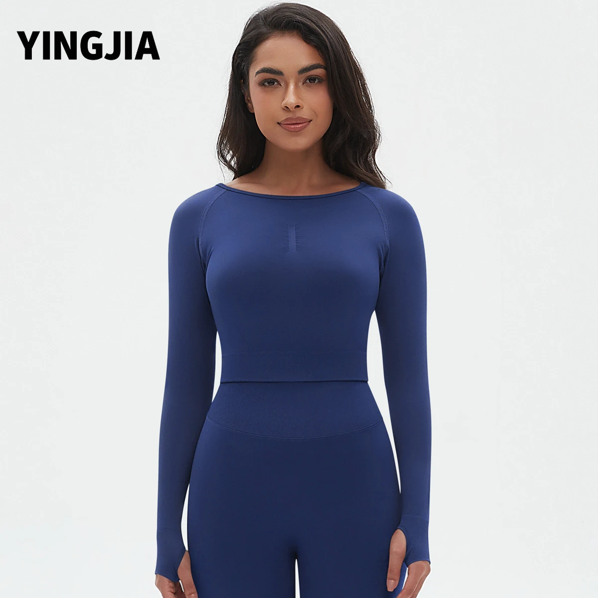 Cross-border European American Seamless Knitted Spandex/Nylon Solid Color Tight High-elastic Yoga Wear Long-sleeved Yoga Top