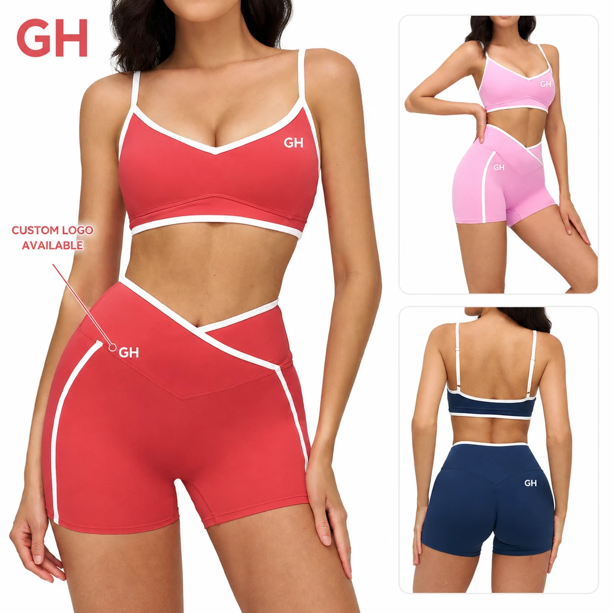 GH Yoga Short Suit Adjustable Straps High Waist V-Neck Front Logo Solid Quick Dry Breathable 2-Piece Workout Gym Fitness Set
