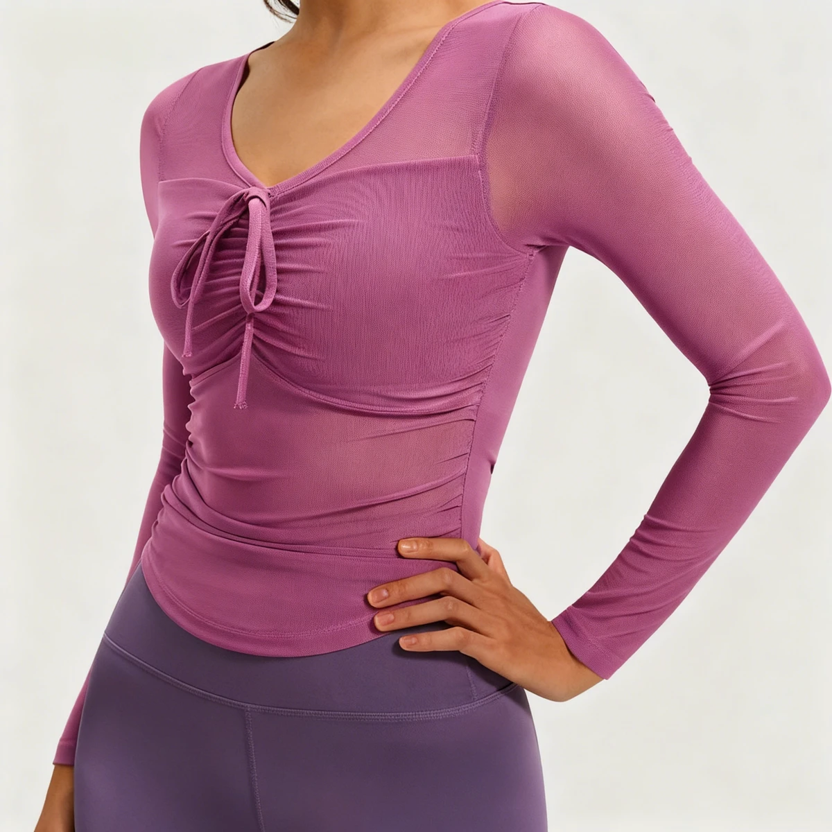 Women's Mesh Crew Neck Slim-fitting Yoga Wear with Fixed Cups Long-sleeved Quick-dry Four-Way Stretch Seamless Tank Top