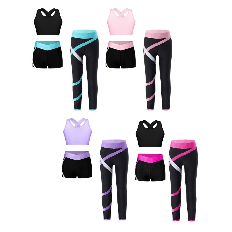 6-16 Kids Girls 3pcs Sport Set Vest With Pants And Shorts Set For Running Workout Yoga Pilates Dance Cycling Hiking Tennis Daily