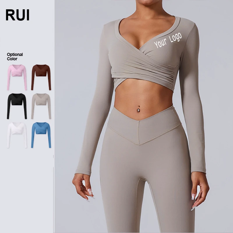RUIQUWIN High Quality Seamless Print Skinny Long Sleeve Sexy V-Neck Yoga Top Casual Breathable Fitness Activewear for Women