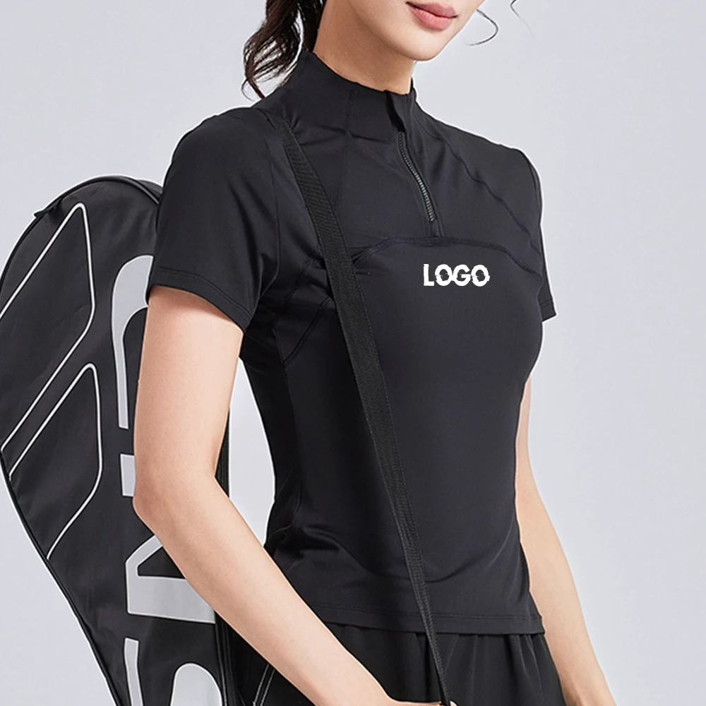 Oem Quick Dry Slim Fit Half Zip Soft Lightweight Yoga Tennis Tops Custom Women'S Short Sleeve Gym T-Shirt With Back Mesh Design