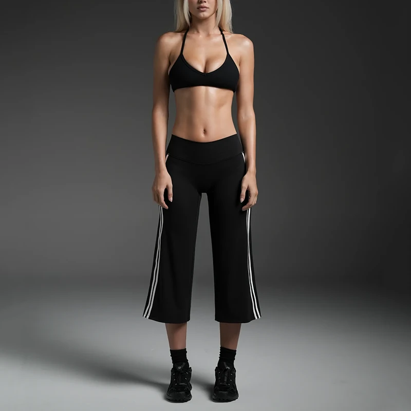 2026 New Arrivals Women Matte Activewear Fitness Booty Contour Four Way Stretch Yoga Dance Pants Contrast Stripe Wide Leg Capris