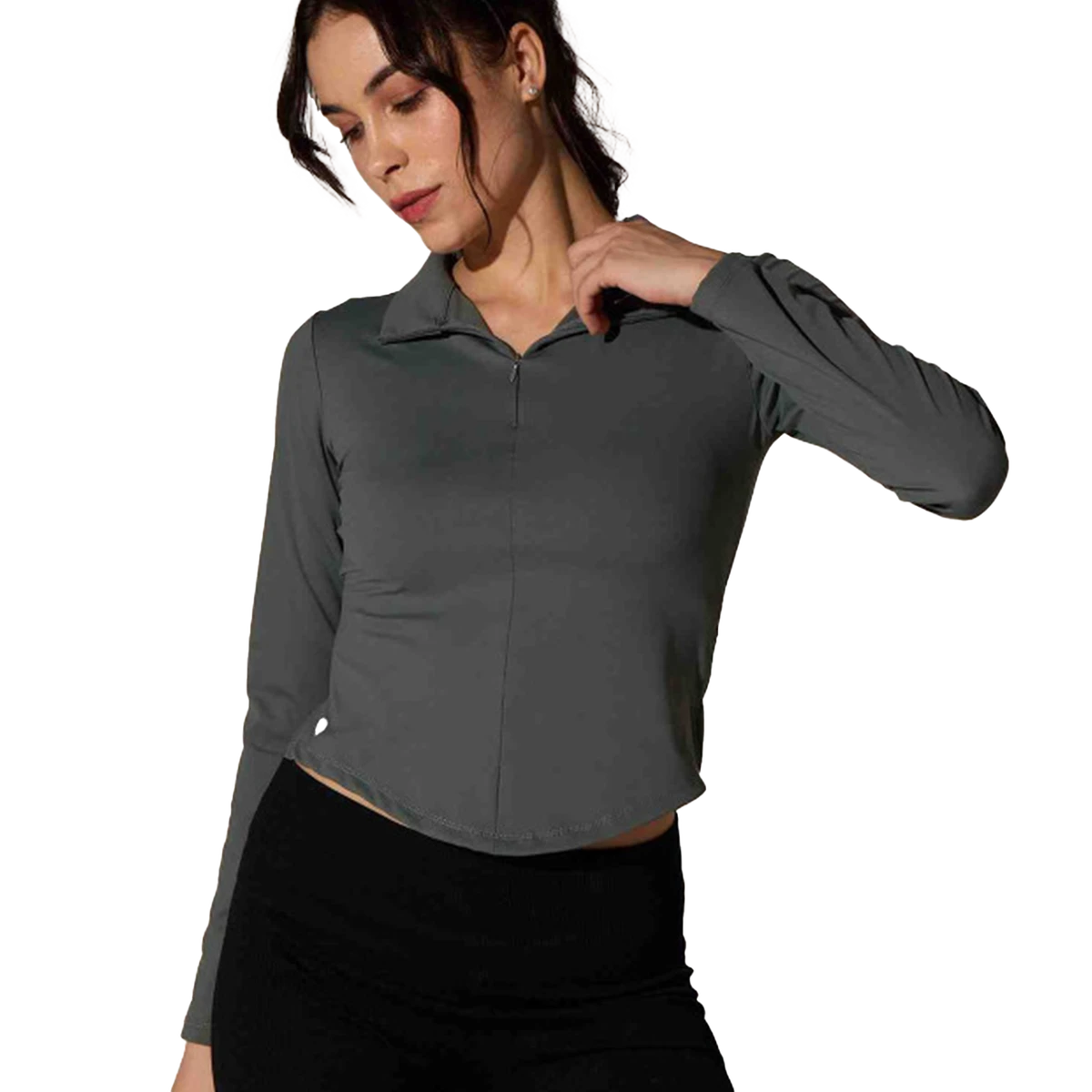 Ladies' Long-Sleeved Stand-Up Collar Zipper Yoga Breathable Windproof Sports Running Coat Solid Color Spandex/Nylon 140g