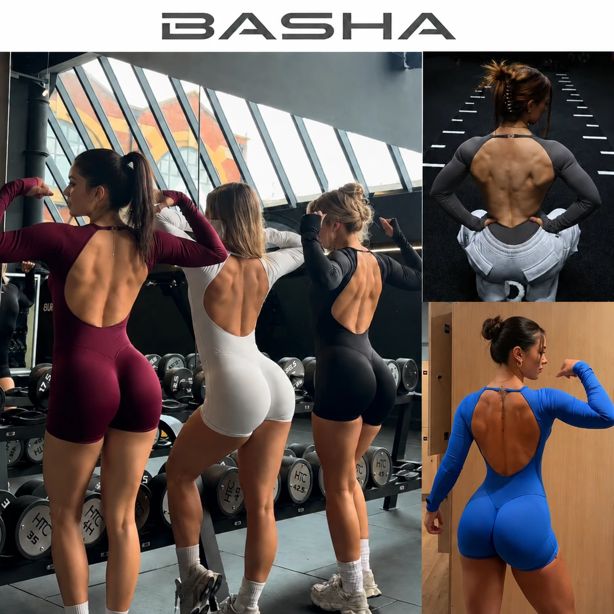 BASHAsports Women Plus Size Seamless Backless Long Sleeve Yoga Jumpsuit One Piece Bodysuit for Gym Fitness
