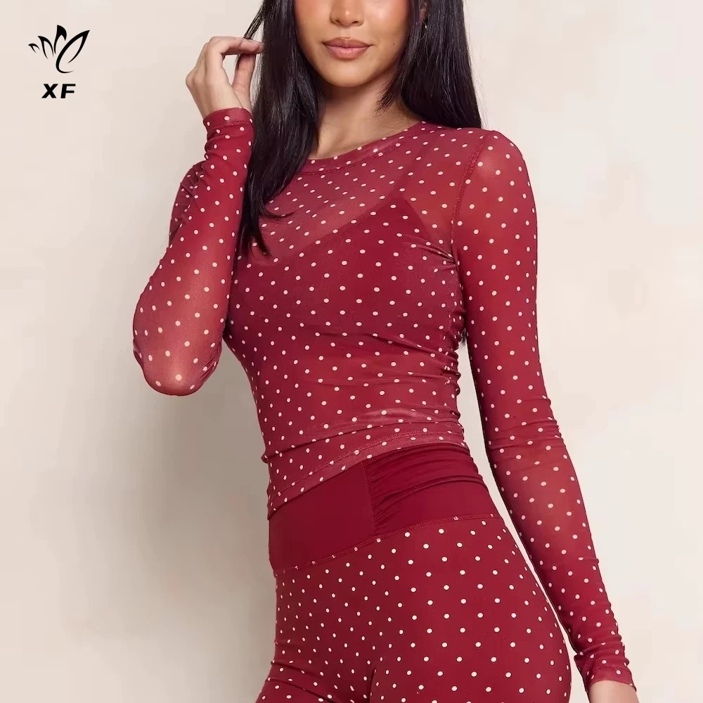 XF 2026 Reversible Plus Size Mesh Long Sleeve Sports Top Yoga Set Women High Quality Breathable Lightweight Polka Print Fitness