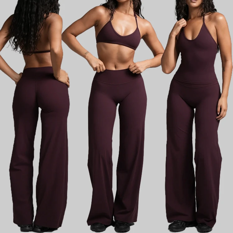 Activewear Quick Dry Bra High Elasticity Flare Bottoms 2pcs Workout Gym Fitness Yoga Set Deep V-neck Lightweight Women Suits