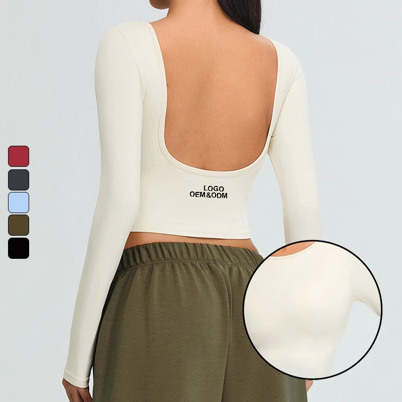 Women's Seamless Sports Leotard Yoga Wear Backless Long Sleeve Fitness Jogging T-shirt Breathable Printed Tee