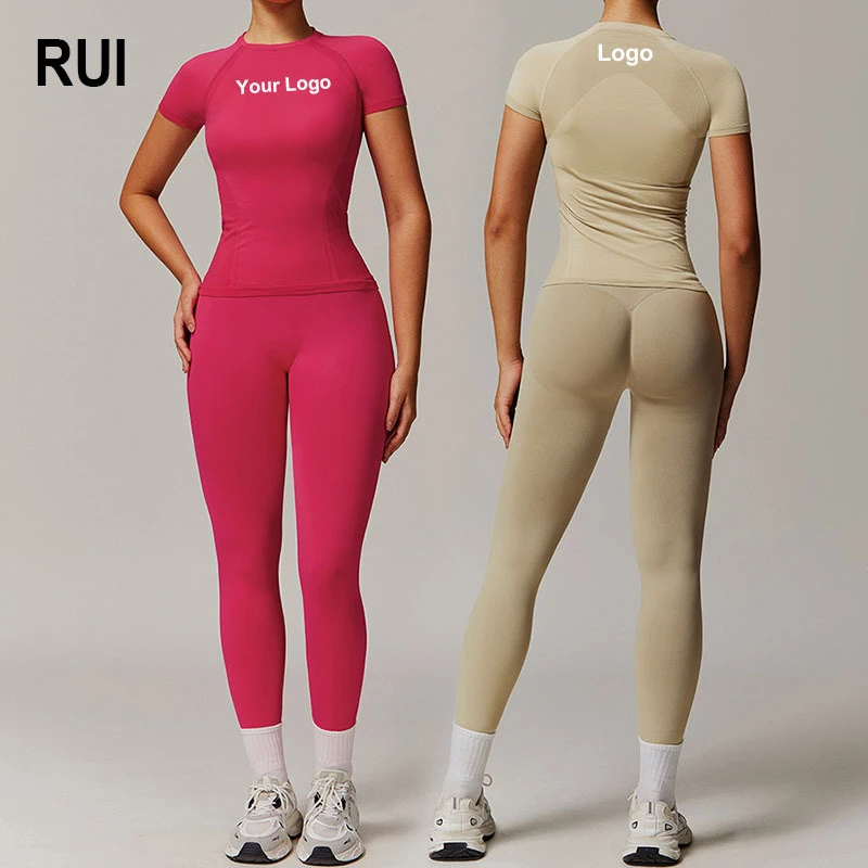 RUIQUWIN Wholesale Women's Solid 2-Piece Yoga Set Breathable Quick Dry Short Sleeve Top High Waist Fitness Shorts Four-Way