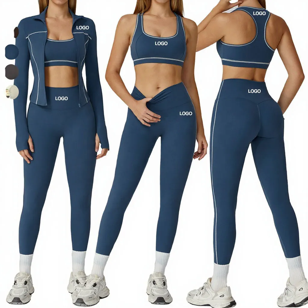 Women Active Wear Five Piece Set Elastic Waist Solid Front Sports Bra Leggings Crop Top Jacket Fitness Gym Outfit Recyclable