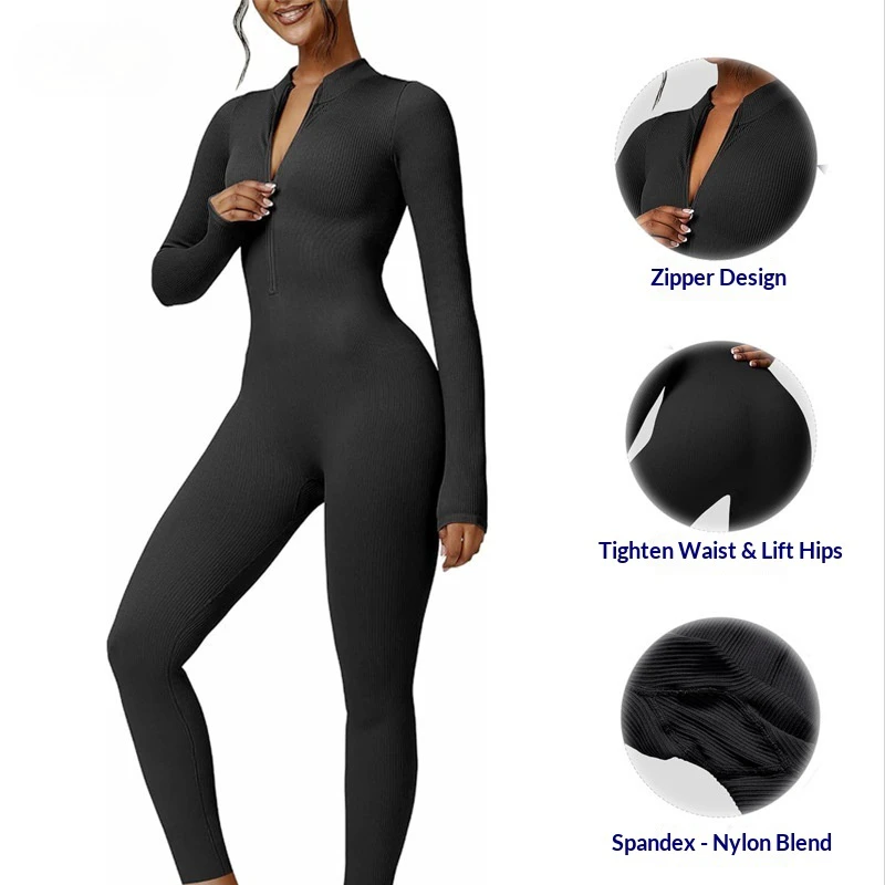 Cross-border Seamless One-piece Long-sleeved Zipper Yoga Suit Breathable Gradient Color Waist Control Body Shaping Tight Pants