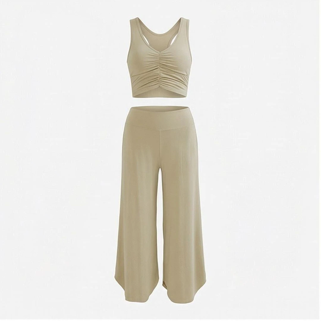 2 Piece Yoga Set Ruched Tank Top High Waist Wide Leg Pants Solid Color Breathable Seamless Women's Activewear