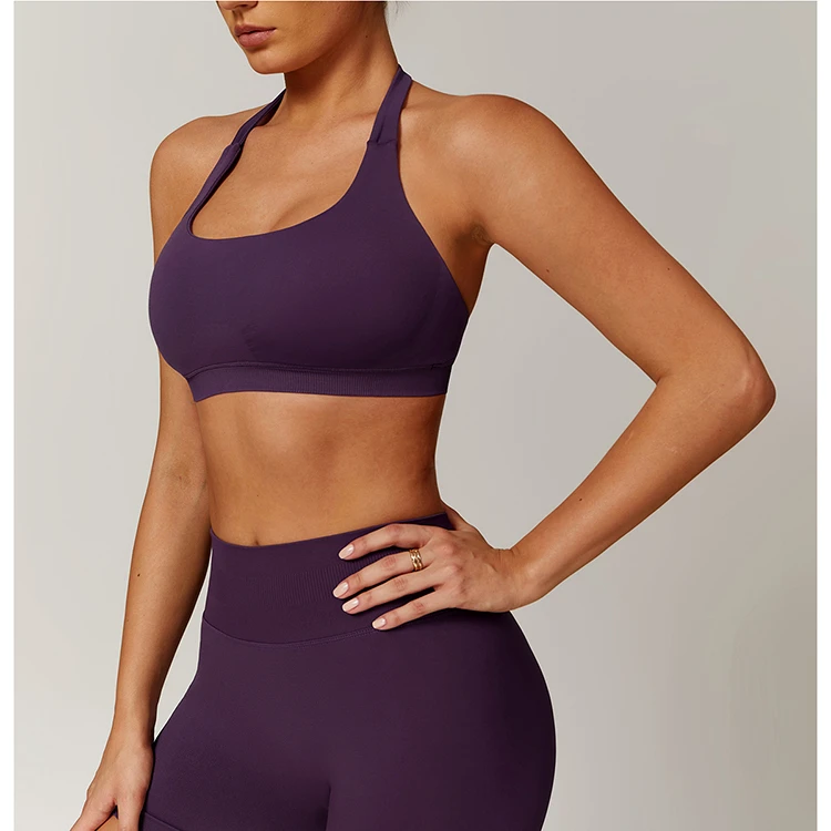 Supplier Custom Seamless Cross Back Yoga Sports Bra Moisture Wicking Stretchy Halter Workout Gym Running High Support Sport Bra