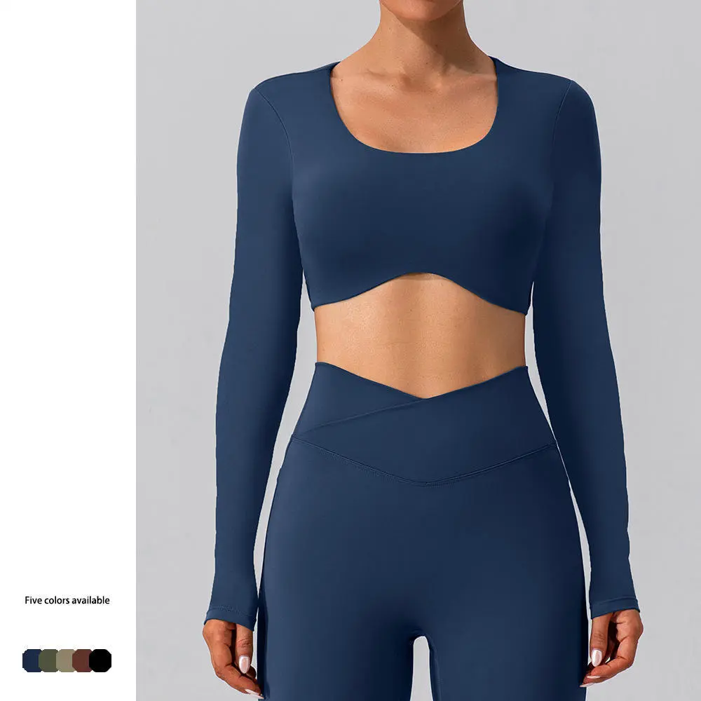 Women Cut Out Back Cross Long Sleeve Slim Fit Sports Tops Gym Cross Backless Yoga Crop Top