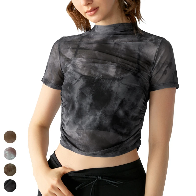 Sexy Sides Pleated Printed Blouse Breathable Mesh Fitness Running Women Clothings Short Sleeve Yoga Tops Sports T Shirt Women
