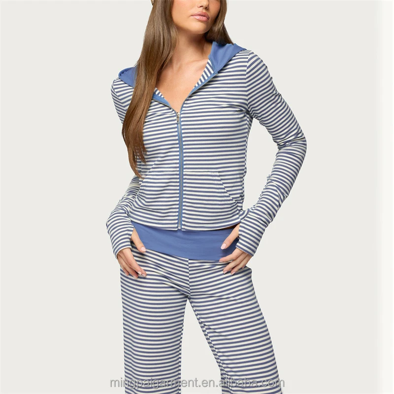 Custom Women's Striped Set Sporty Casual Outfit Fashion 2 Piece Zip Up Hoodie And Long Pants Casual Wear Soft For Women