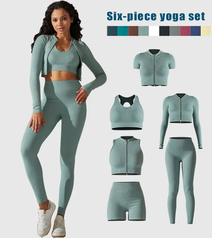 High Quality 6 Piece Fitness Yoga Wear Sustainable Gym Wear Workout Clothing Seamless Ribbed Yoga Sets Women