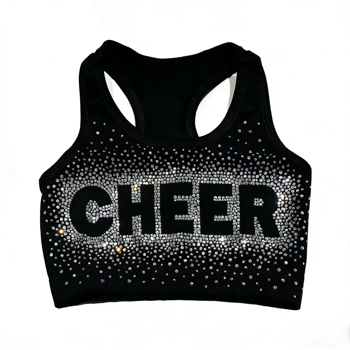 ODM/OEM Full Sublimation Rhinestone Cheerleading Training Practice Wear Sets Star Black Pink Crop Top Shorts Girls Youth