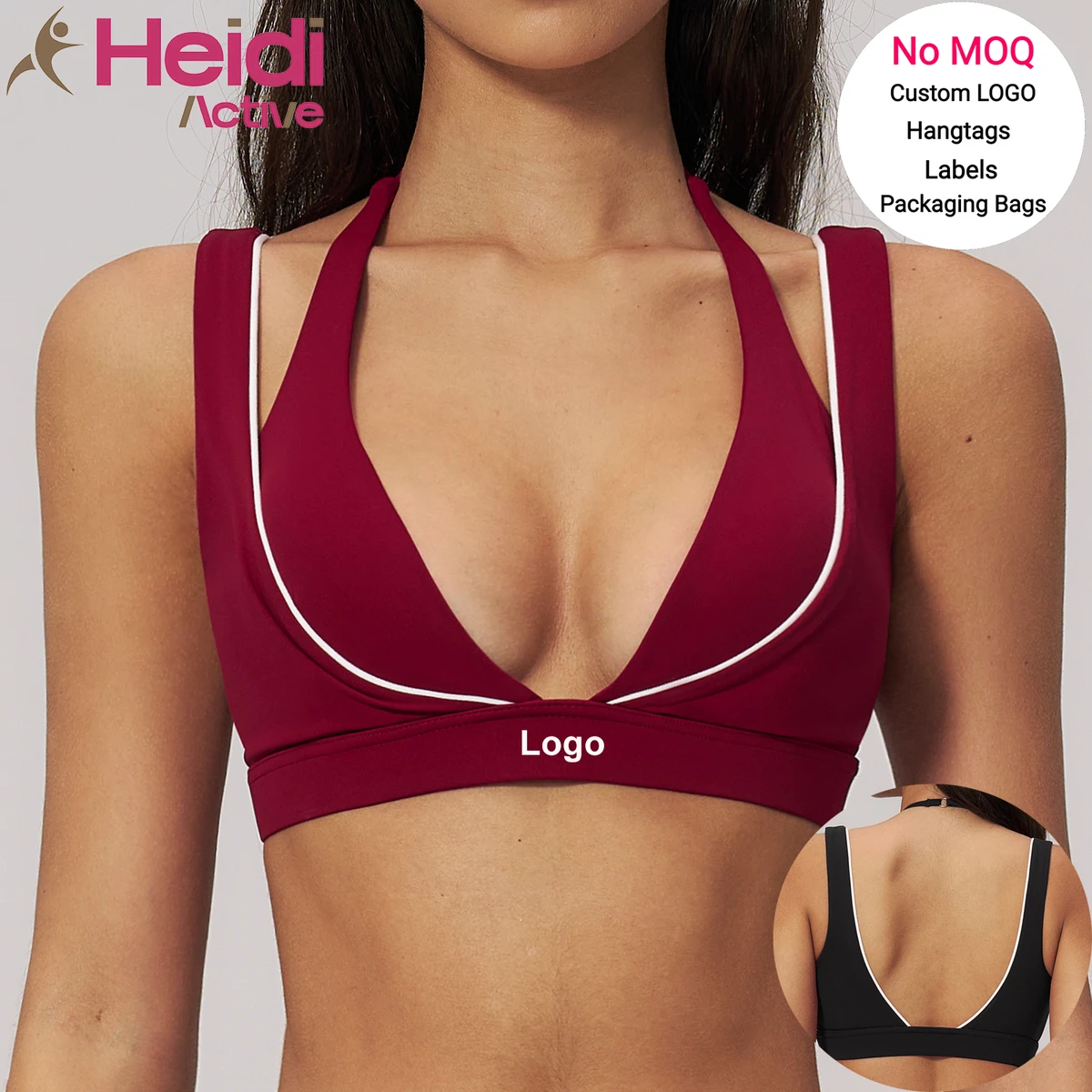 Custom Logo Gym Wear Sports Bra Lightweight Shockproof Deep V-neck Open Back Halter Women Gym Fitness Yoga Bra