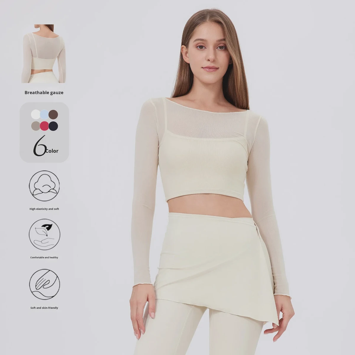 Two-Piece Mesh Breathable for Sports T-Shirt Women Long Sleeve Chest Pad Yoga Wear Crop Top Tight-Fitting Quick-Dry Slimming