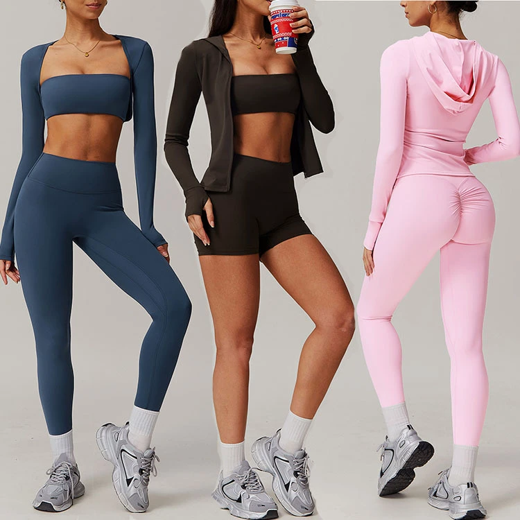 2025 New Women Yoga 5pcs Fitness Bra Set Sports Long Sleeve Top Quick Dry Zipper Jacket Shaggy Leggings Gym Shorts Pants Hoodie