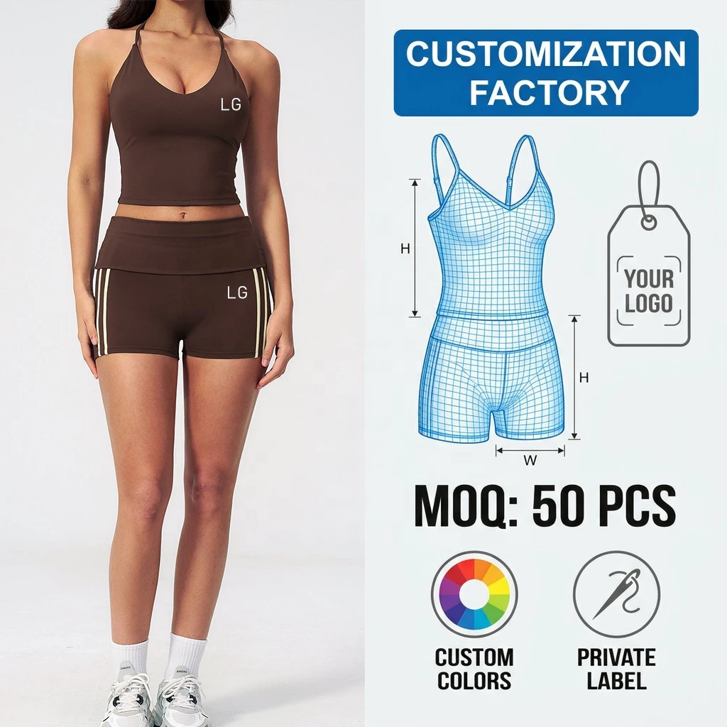 Premium Breathable Plus Size V-Neck Strappy Yoga Shorts Set Custom Private Label Chocolate Brown Activewear Professional