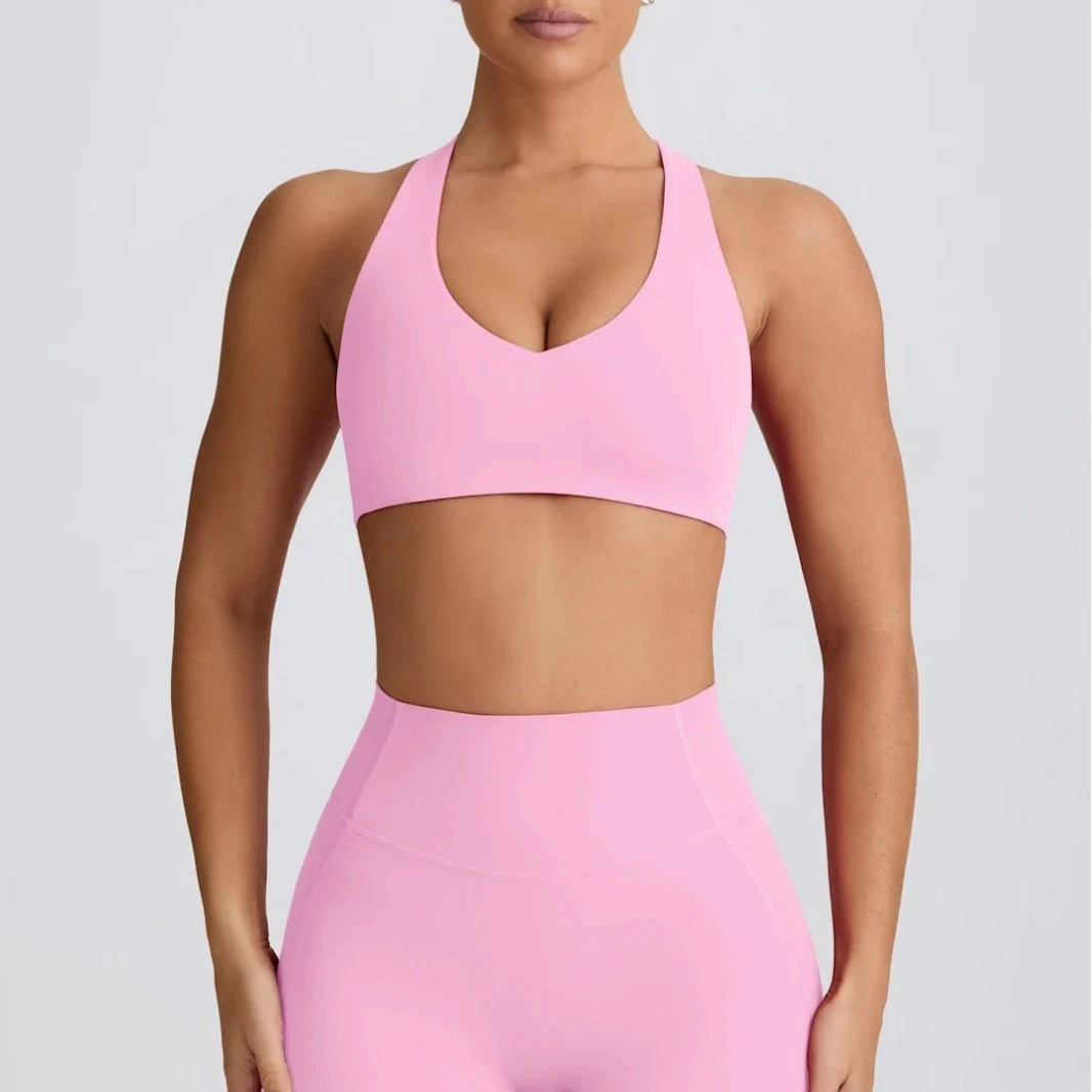 Sexy V-Neck Open Back Yoga Bra Tank Top Women Padded Tight Fit Sweat-Wicking Breathable Spandex/Nylon Gym Fitness Top