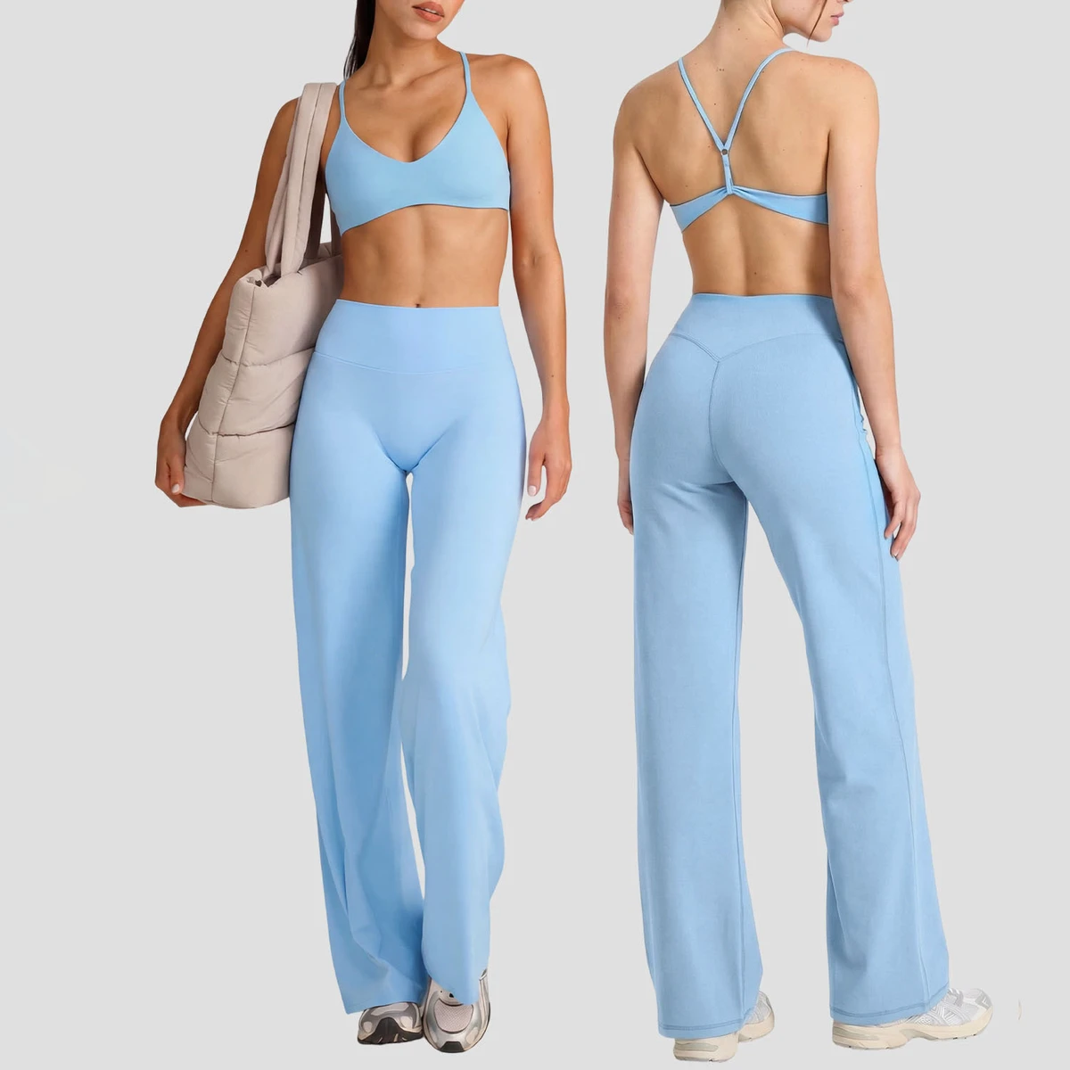 Custom Logo Women's Solid Gym Fitness Wear Suit Y Shaped Sports Bra & High Waist Wide Leg Pants Workout 2 Piece Sets