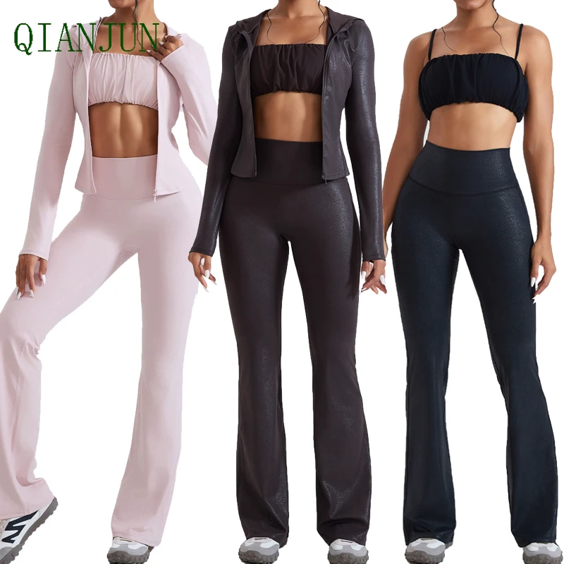 Custom Logo Women Plus Size Breathable Gym Fitness 3 Pieces Set Flared Pants Leggings Fitness Zipper Hooded Jacket Set