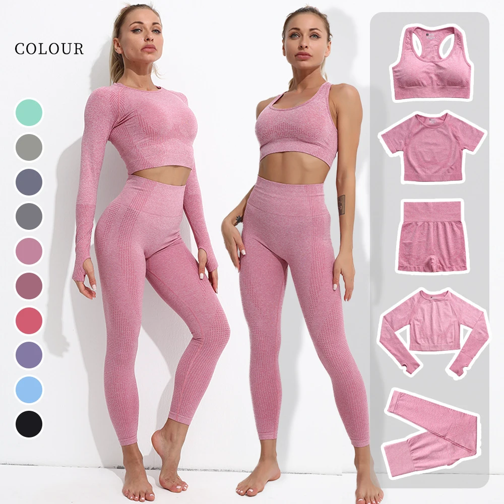 Wholesale Ladies Stretchy Running Training Fitness Yoga Womens Gym Leggings High Waist Seamless 5 Piece Yoga Set