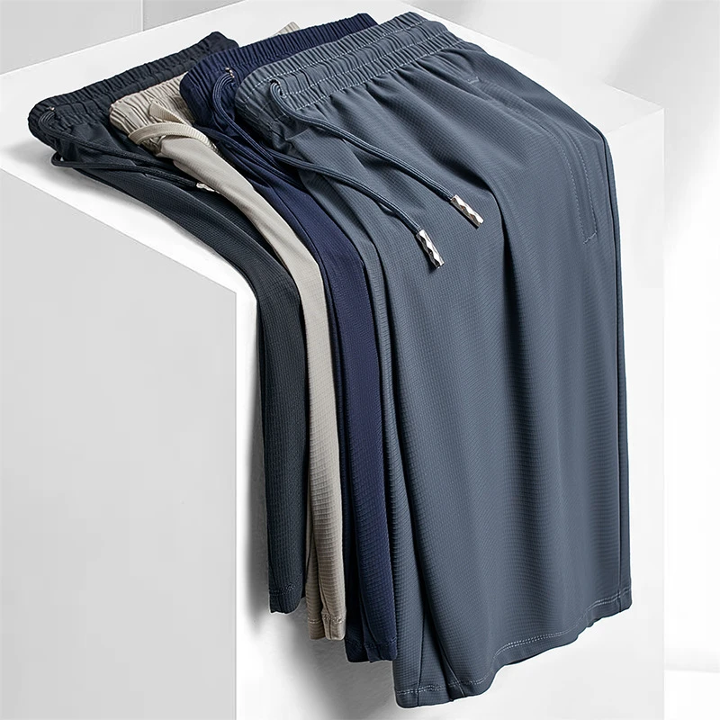 7A Antibacterial Summer Ice Silk Men's Loose Casual Knee-Length Plus Size Quick-Dry Ultra-Thin Sports Pants Zipper Fly Solid