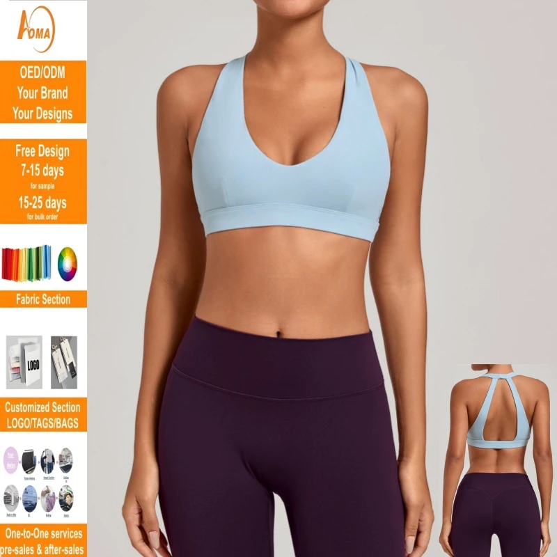Aoyema Breathable Sportswear V Neck Quick Dry Workout Custom Gym Sports High Support Tight-Fitting Outdoor Fitness Yoga Bra
