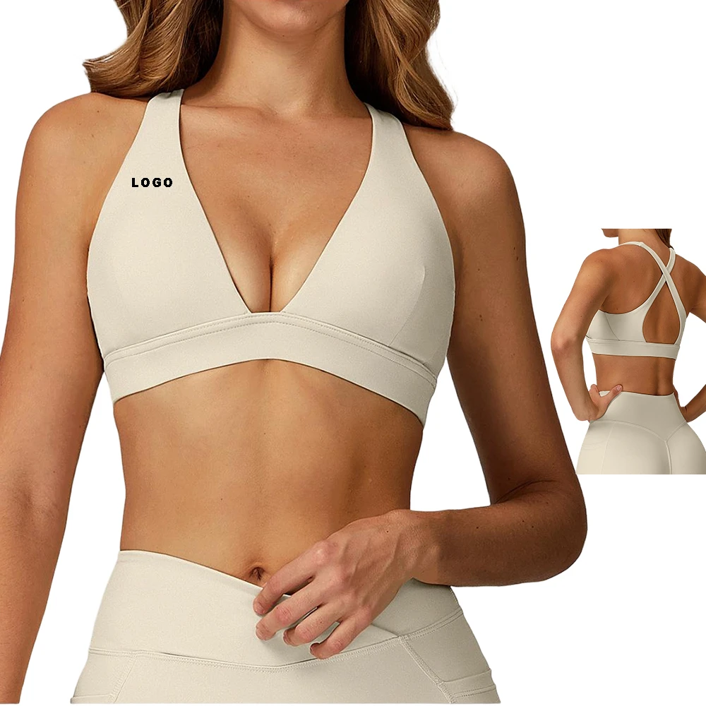 Training Halter Breathable Simple Sports Bra Strappy Cross Back Design V-neckline Women Yoga Workout Crop Tops Custom Fitness