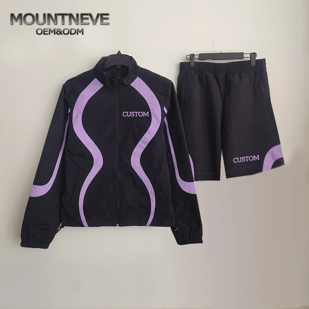 Track Suit Long Sleeves Zipper Jacket Coat Sports Tracksuit Shorts Pants Set Gym Jogger Custom Logo Two Piece Patchwork Nylon